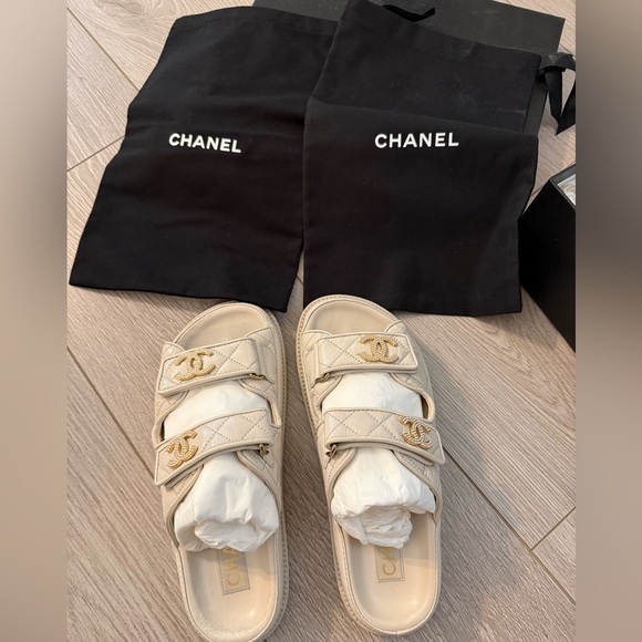 CHANEL Shoes - Chanel Cream Quilted Dad Sandals Mules with Gold Accents size 36